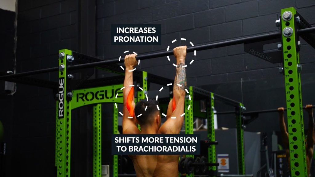 Narrow pullup grip shifts tension to forearms