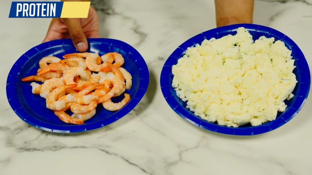High volume protein sources include shrimp and egg whites