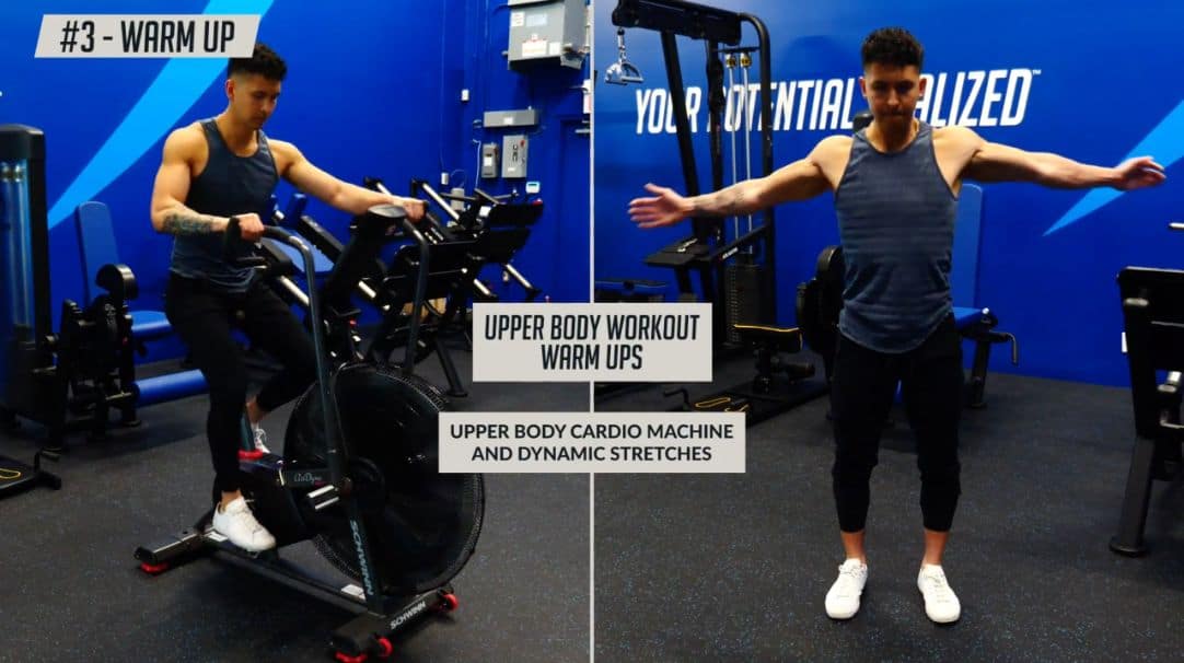 Suitable warm ups for the upper body includes upper body cardio machine and dynamic stretches