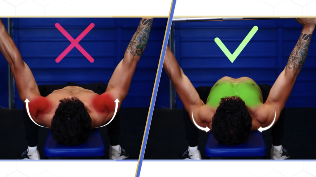 Creating an arch in the upper back helps with chest activation