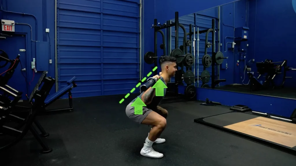 Hips and chest should rise at the same time when coming out of the bottom position of the barbell squat re