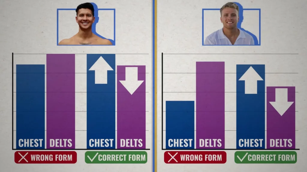 Chest vs delts activation when the barbell bench press is performed with the correct or wrong form